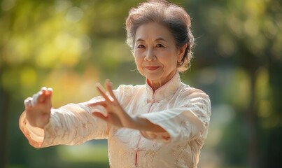 Senior Community Events seniors Asian woman do Tai Chi in Class exercise outdoor, Generative AI