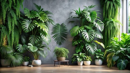 Obraz premium Lush Indoor Jungle A Serene Arrangement of Tropical Foliage Against a Textured Wall