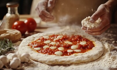 Raw dough for pizza preparation placing ingredients on pizza base spreading rich tomato sauce evenly over the stretched pizza dough, Generative AI