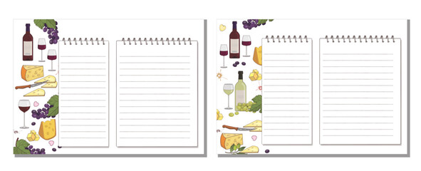 Cookbook pages with drawings of red and white wine, grapes. Vector illustration