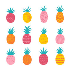 Set of abstract hand drawn pineapples. Exotic fruits.