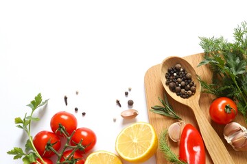 Fresh vegetables with herbs and spices, top view