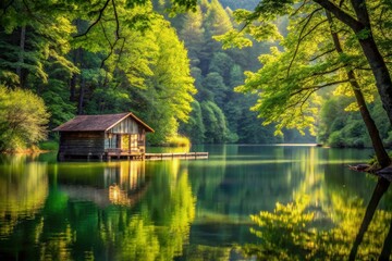 Obraz premium Serene Lakeside Cabin Nestled Amongst Lush Foliage, Bathed in Golden Sunlight Reflecting on Tranquil Waters