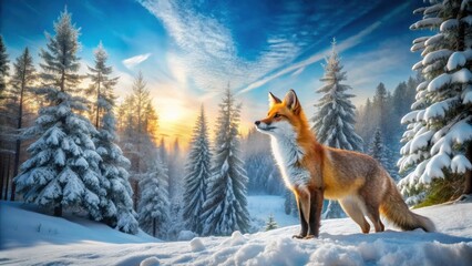 Fototapeta premium A Majestic Red Fox Stands in a Winter Wonderland, Snow-Covered Evergreens Surround it During a Breathtaking Sunset