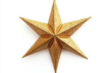 Shimmering gold glitter star with detailed texture on a clean white background, symbolizing festivity and elegance.