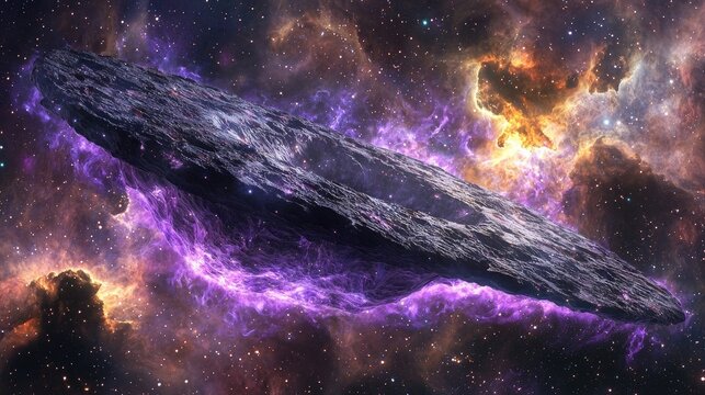 Futuristic spaceship hovering near a glowing purple nebula. Sci-fi exploration, deep space travel, alien technology, cosmic wonder, intergalactic adventure, advanced starship. Generative AI