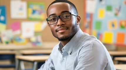 Fototapeta premium A confident young African American male teacher poses in a vibrant classroom, embodying professionalism and passion for education while engaging with students.