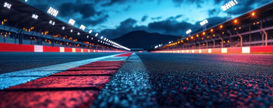 The finish line of an asphalt racetrack and a lighted race stadium at night. professional drawing of racing sports in digital 3D - Generative AI