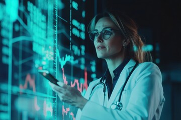 Caucasian female doctor analyzes stock market data with digital diagrams in a modern environment, stock market and diagrams over caucasian female doctor talking on smartphone