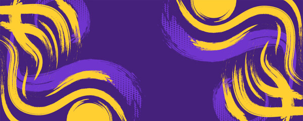 Purple and yellow abstract sports background with grunge texture, brush stroke and halftone effect