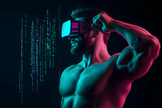 A muscular man wearing virtual reality goggles against a dark background with colorful digital elements, depicting a futuristic and immersive tech experience.