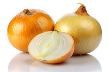 Obraz premium Fresh Yellow Onions Whole and Sliced on a White Background