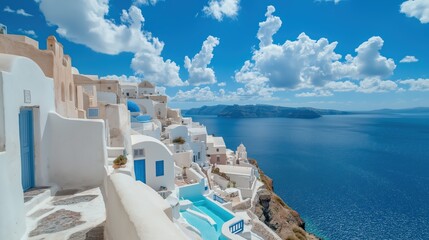 Obraz premium Greek Village Cliffside View With Aegean Sea Landscape And Ocean Viewpoint And Buildings With Steps