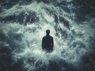 Fototapeta premium Person stands, back to camera, amidst large waves.