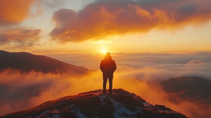 Silhouette of a photographer capturing the beauty of a sunrise on a mountain top