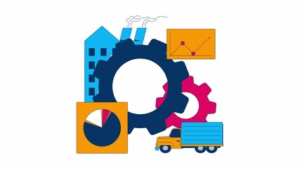 Industry, logistics and data analysis 2D animation. Supply chain. Transportation management 4K video motion graphic. Efficiency factory animated composition cartoon flat concept, white background