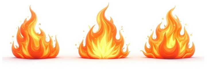 Fiery cutout flames isolated on white background Triple set , yellow, effect, orange