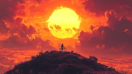 Fototapeta premium Silhouette of a cyclist on a hilltop, framed by a dramatic sunset 