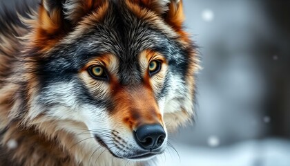 Fototapeta premium Close up of a male wolf, yellow eyes, bushy tail, fine fur details, snowy forest background