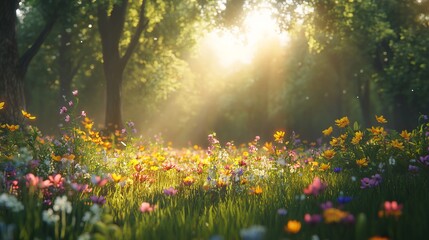 Obraz premium Vibrant Field of Colorful Flowers Bathed in Warm Sunlight with Gentle Breeze Flowing Through Lush Greenery Creating a Serene and Picturesque Natural Landscape in a Peaceful Environment