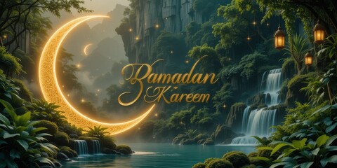 Obraz premium Enchanting Ramadan Kareem Greeting with Illuminated Crescent Moon and Serene Waterfall in Lush Green Forest