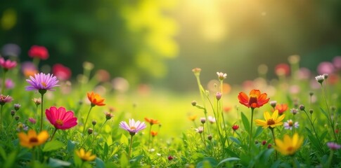 Vibrant wildflowers in lush meadow, sunlight dappled , flora, beauty
