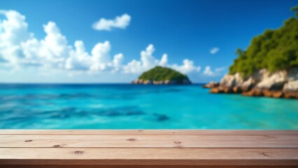 Wooden table on the background of the sea, island and the blue sky