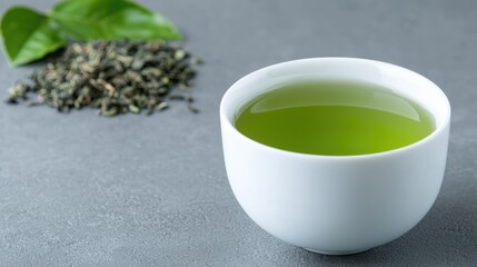 Green tea in small white cup on gray surface