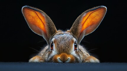 A beautiful rabbit with striking long ears cautiously observes the surroundings, peeking out from its hiding spot in a dark area, showcasing its curious nature in the early morning light