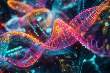 Futuristic digital representation of dna helix with technology overlay