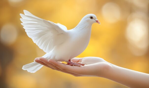 International Day of Peace or World Peace Day Concept white pigeon and hand in nature background, Generative AI
