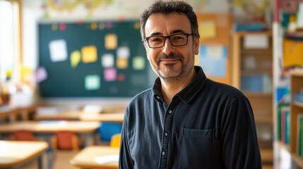 Fototapeta premium A middle-aged male teacher stands confidently in a classroom, smiling warmly, embodying the spirit of education and mentorship in a vibrant learning environment.