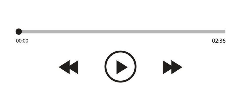 Music or video play bar icon on white background. Audio player for songs or podcast playlist. Loading bar with time slider, pause, rewind and fast forward buttons