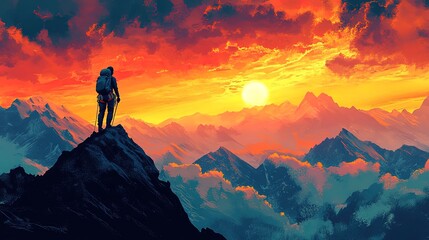 Mountain climber silhouetted against a dramatic sky, standing at the summit
