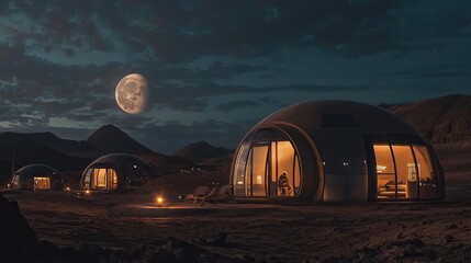 Futuristic colony on an alien planet under a starry sky. Sci-fi settlement with glowing dome structures and advanced technology. Generative AI.