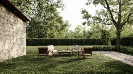 Fototapeta premium Outdoor patio furniture, stone wall, lush trees, relaxing scene