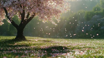 Obraz premium Solitary cherry blossom tree on a grassy hillside with petals drifting in the wind. A poetic and serene landscape with mountains in the distance. Generative AI.