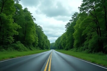Fototapeta premium Empty Road Through Lush Green Forest on a Cloudy Day