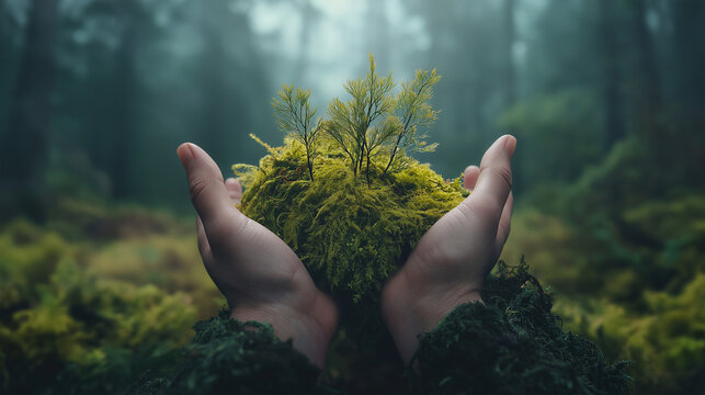 H&auml;nde halten behutsam Moos im mystischen Waldlicht. Nachhaltigkeit und Naturschutz-Konzept mit atmosph&auml;rischem Nebel im Hintergrund des Nadelwaldes