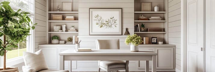 Serene Home Office Workspace With Built In Shelving
