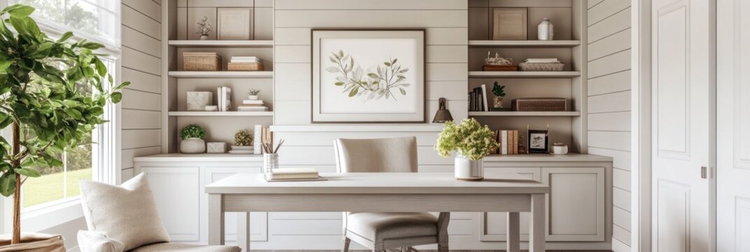 Serene Home Office Workspace With Built In Shelving