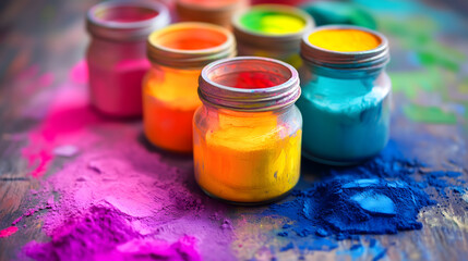 Colorful jars of paint arranged on wooden surface, surrounded by vibrant powder pigments. scene evokes creativity and artistic expression