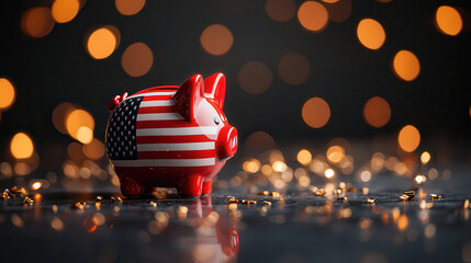 American flag piggy bank on reflective surface with warm bokeh lights creates festive atmosphere. This charming design symbolizes savings and patriotism