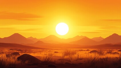 Obraz premium Golden Sunset over Serene Mountain Landscape with Grassy Plains and Distant Peaks: A Breathtaking Vista