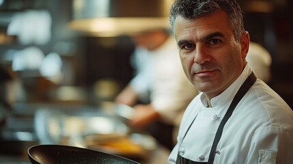 Portrait of a middle-aged European male chef in a bustling kitchen. His focused expression captures the artistry and dedication of culinary professionals at work.