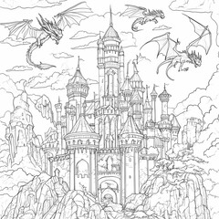 Obraz premium Fantasy castle surrounded by dragons soaring in a dramatic sky with clouds and rocky mountains in the background