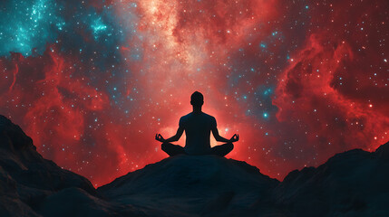 A person meditating on top of the world, with an ethereal sky above and stars twinkling in the background
