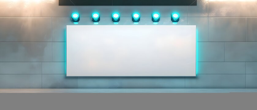 A rectangular white wall with seven teal spotlights, placed in a futuristic gallery with glossy grey tiles and soft glowing edges.