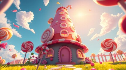 Fototapeta premium Fantasy Candy House in Sweet Land with Lollipops and Bright Sky