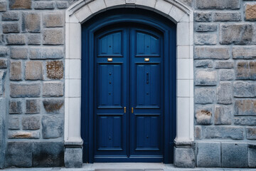 Elegant blue double doors set within a stone wall, conveying a sense of mystery and timelessness with their rich color and detailed craftsmanship.